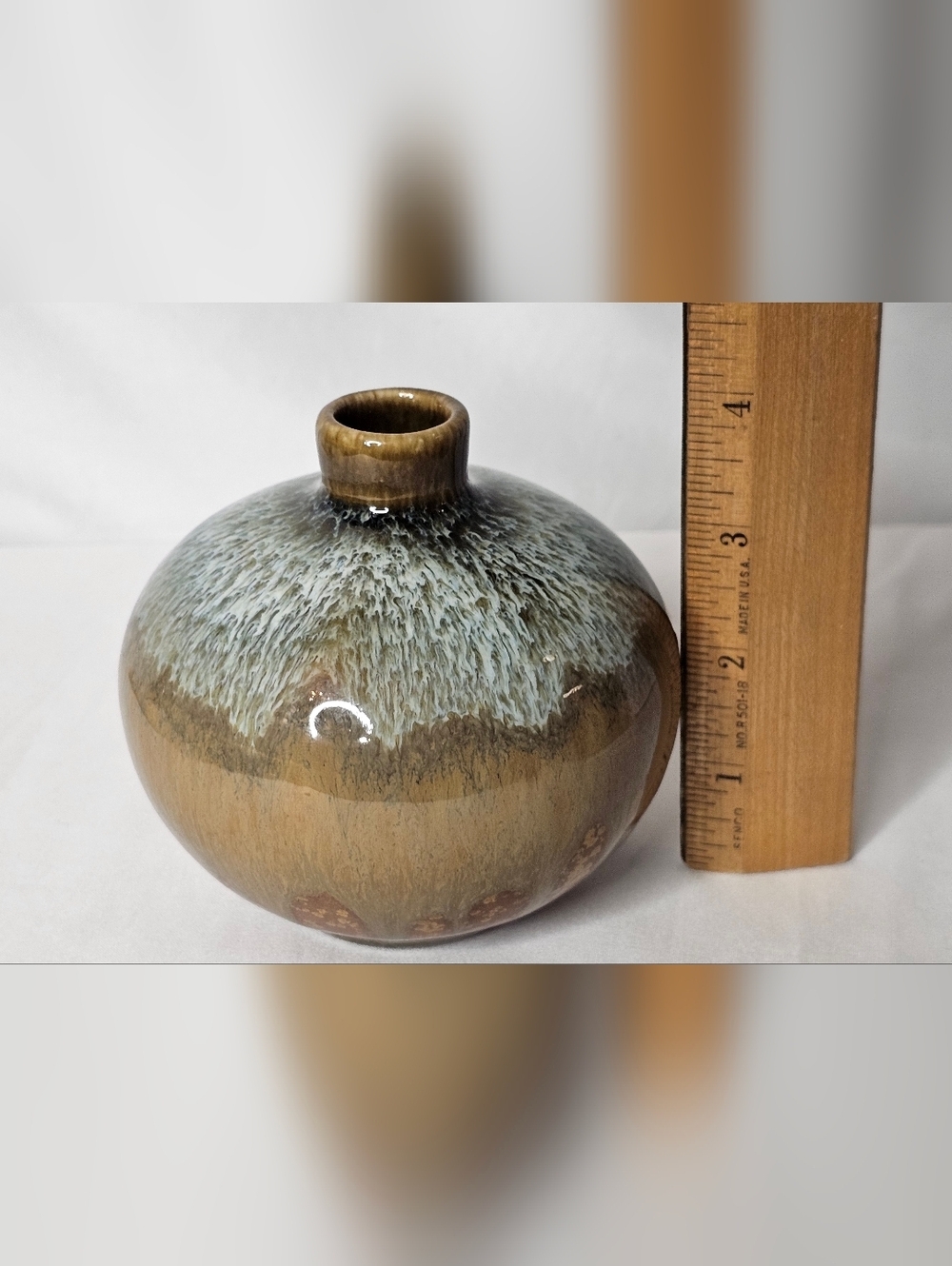 Studio Pottery Bud Vase Crystalline Drip Glaze Earth Tones MCM Round 4" - Picture 9 of 9